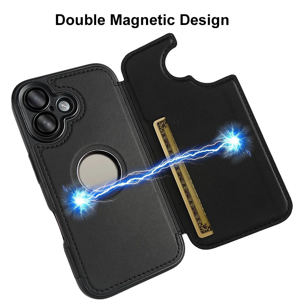 For iPhone 16 Magnetic Case RCS Eco Friendly Flip Phone Cover with Kickstand RFID Blocking - Black - 2