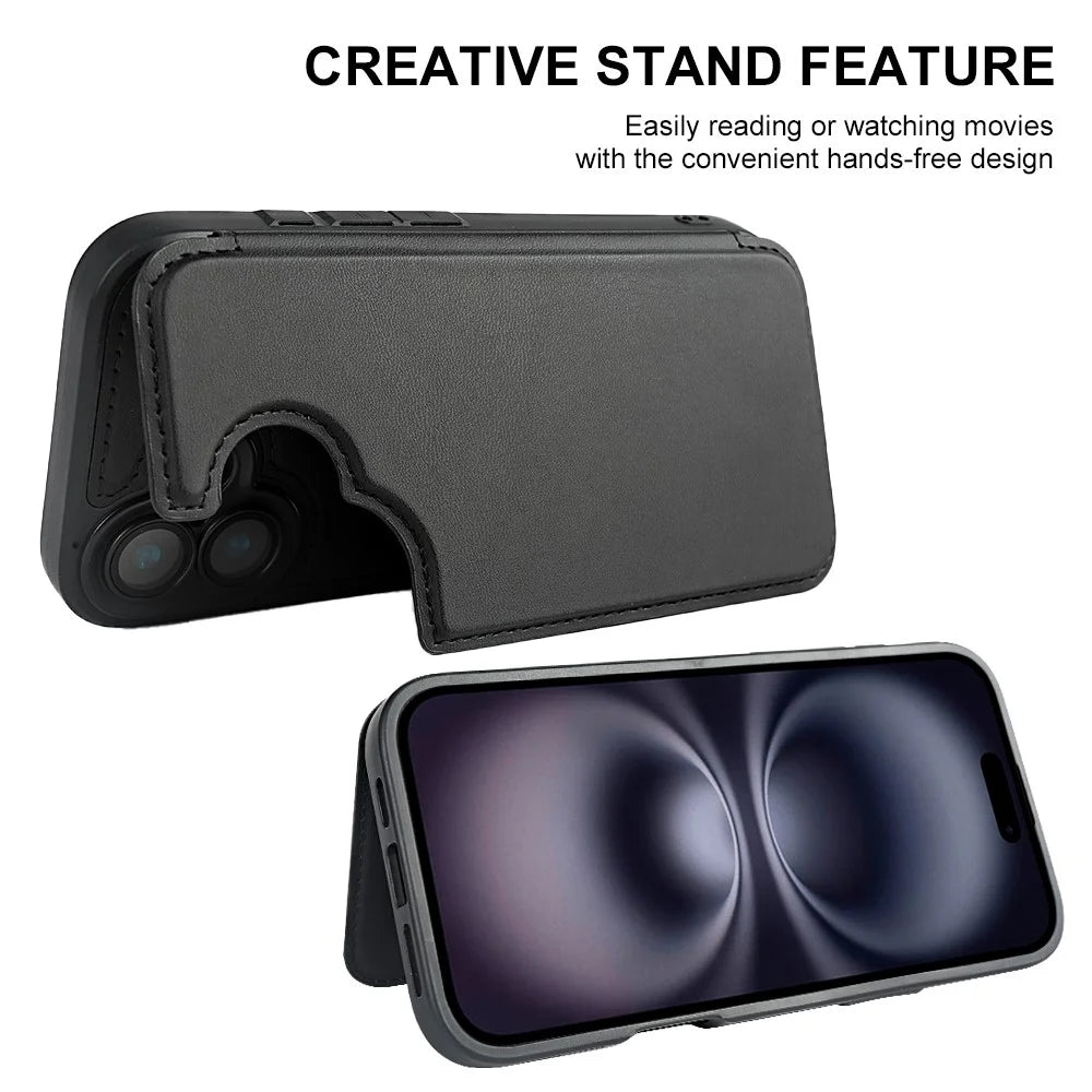 For iPhone 16 Magnetic Case RCS Eco Friendly Flip Phone Cover with Kickstand RFID Blocking - Black - 3