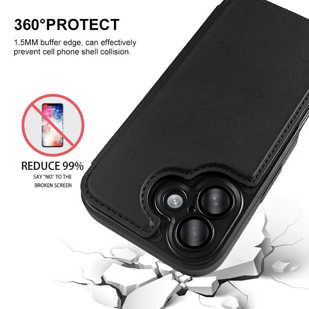 For iPhone 16 Magnetic Case RCS Eco Friendly Flip Phone Cover with Kickstand RFID Blocking - Black - 4