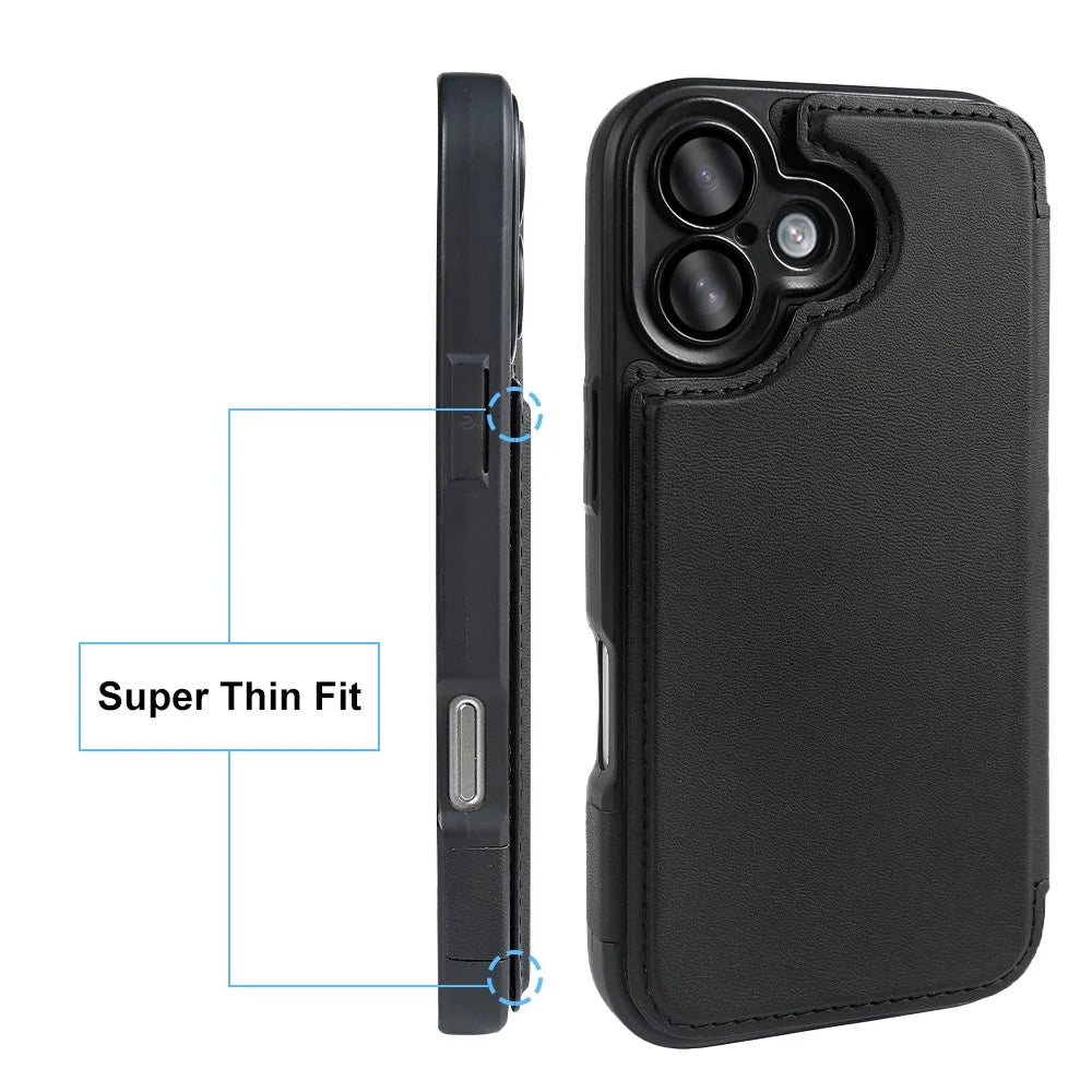 For iPhone 16 Magnetic Case RCS Eco Friendly Flip Phone Cover with Kickstand RFID Blocking - Black - 5