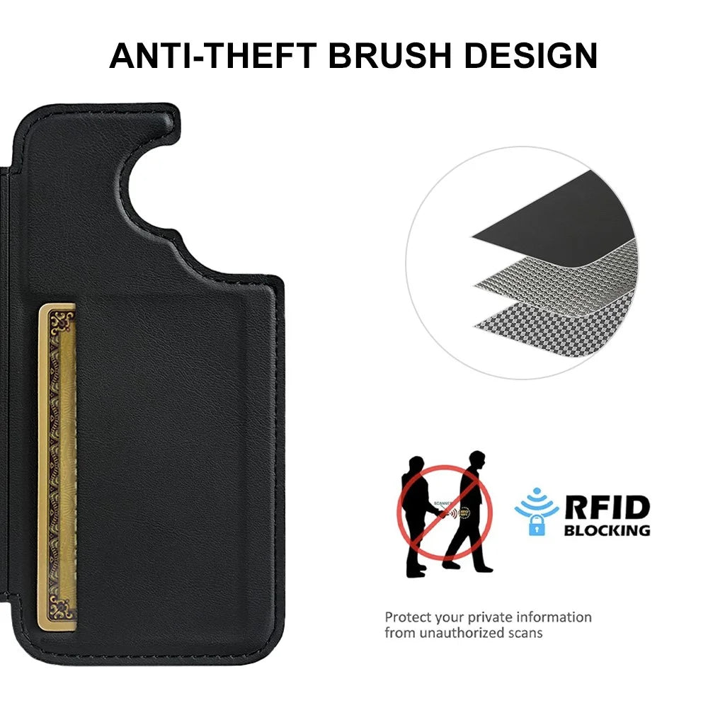 For iPhone 16 Magnetic Case RCS Eco Friendly Flip Phone Cover with Kickstand RFID Blocking - Black - 6