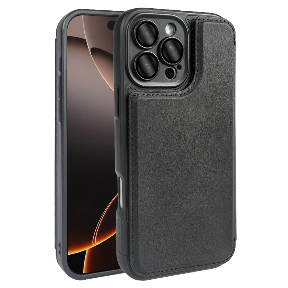 For iPhone 16 Pro Max Magnetic Case RCS Eco Friendly Flip Phone Cover with Kickstand RFID Blocking - Black - 1