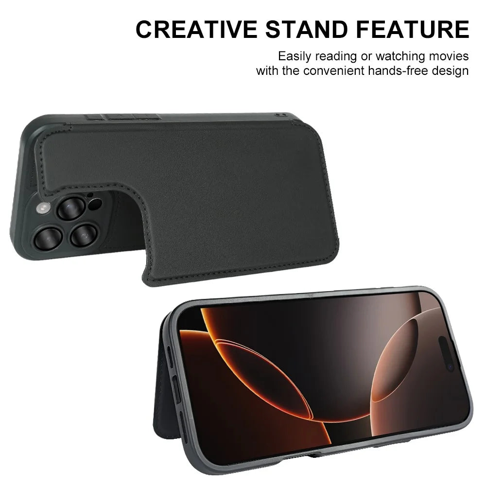 For iPhone 16 Pro Max Magnetic Case RCS Eco Friendly Flip Phone Cover with Kickstand RFID Blocking - Black - 3