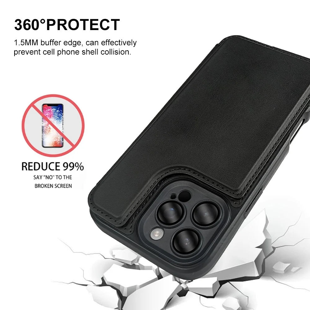 For iPhone 16 Pro Max Magnetic Case RCS Eco Friendly Flip Phone Cover with Kickstand RFID Blocking - Black - 4