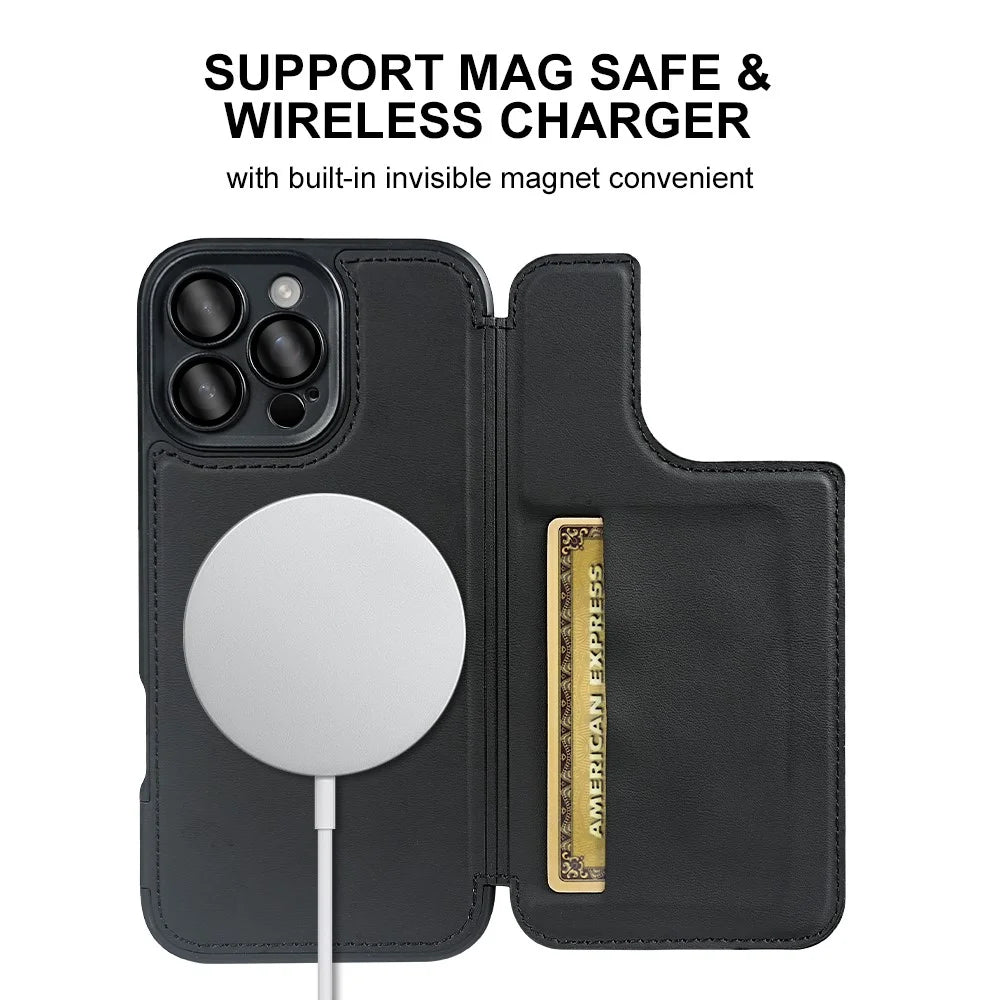 For iPhone 16 Pro Max Magnetic Case RCS Eco Friendly Flip Phone Cover with Kickstand RFID Blocking - Black - 7