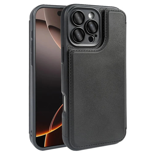 For iPhone 16 Pro Magnetic Case RCS Eco Friendly Flip Phone Cover with Kickstand RFID Blocking - Black - 1