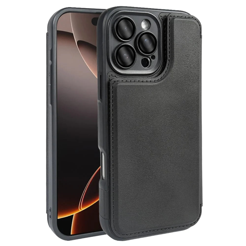 For iPhone 16 Pro Magnetic Case RCS Eco Friendly Flip Phone Cover with Kickstand RFID Blocking - Black - 1