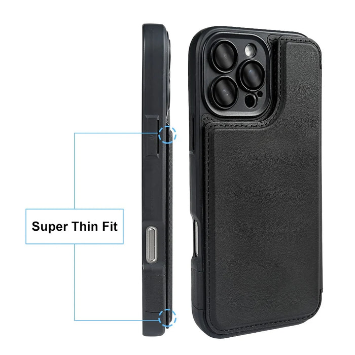For iPhone 16 Pro Magnetic Case RCS Eco Friendly Flip Phone Cover with Kickstand RFID Blocking - Black - 5