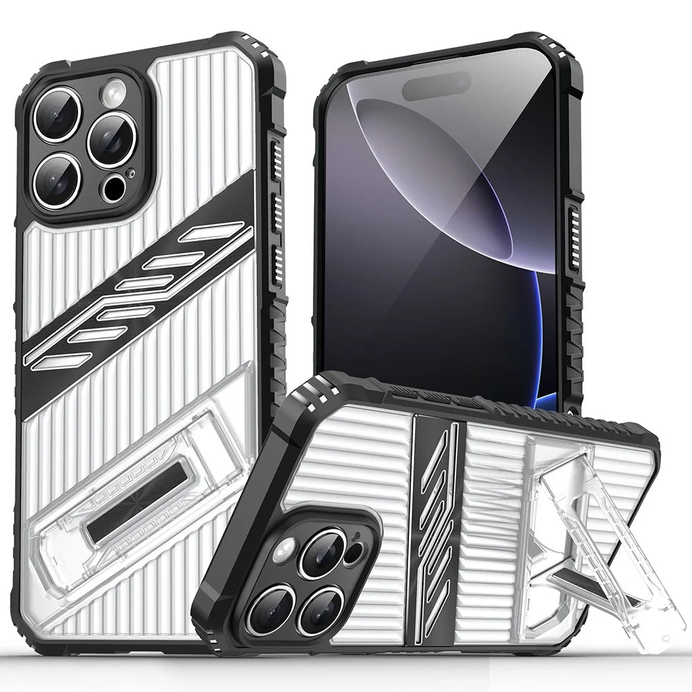 For iPhone 16 Pro Case Folding Kickstand PC + TPU Anti Drop Phone Cover - Transparent Black - 1