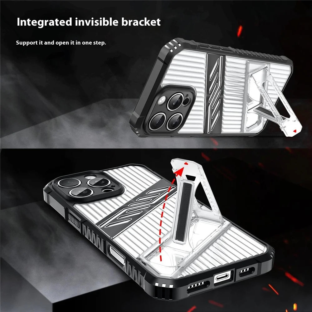 For iPhone 16 Pro Max Case Folding Kickstand PC + TPU Anti Drop Phone Cover - Transparent Black - 3