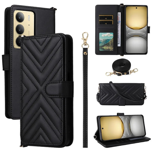 Wallet Phone Case for Realme 14x 5G / V60 Pro 5G / C75 4G Leather Phone Cover with Shoulder / Wrist Strap- Black - 1