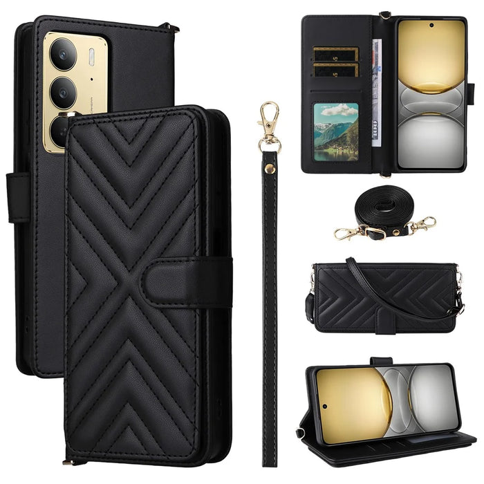 Wallet Phone Case for Realme 14x 5G / V60 Pro 5G / C75 4G Leather Phone Cover with Shoulder / Wrist Strap- Black - 1