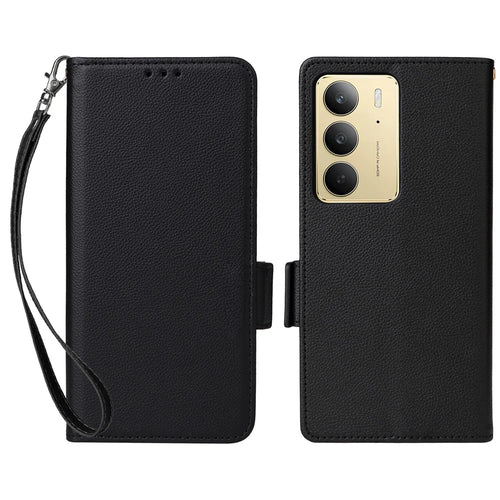 For Realme 14x 5G / V60 Pro 5G / C75 4G Case with Wrist Strap Litchi Texture PU Leather Wallet Phone Cover - Black - 1