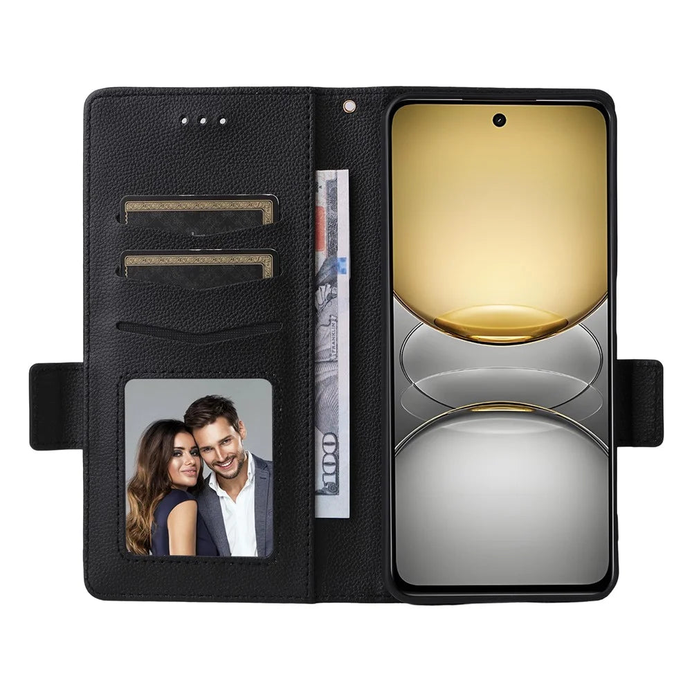 For Realme 14x 5G / V60 Pro 5G / C75 4G Case with Wrist Strap Litchi Texture PU Leather Wallet Phone Cover - Black - 2