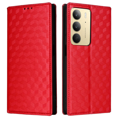 Leather Case For Realme 14x 5G / C75 4G / V60 Pro 5G Rhombus Imprinted Wallet Phone Cover - Red - 1