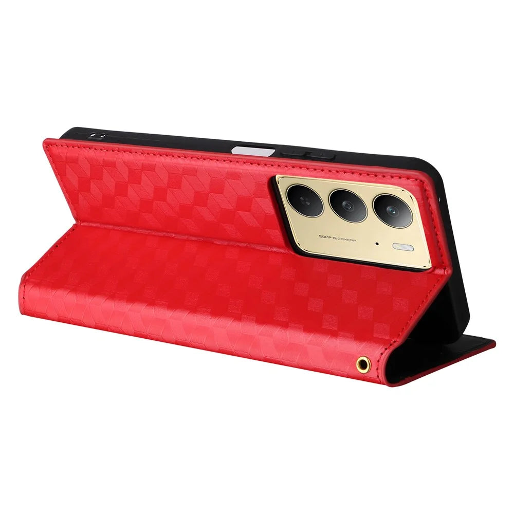 Leather Case For Realme 14x 5G / C75 4G / V60 Pro 5G Rhombus Imprinted Wallet Phone Cover - Red - 4