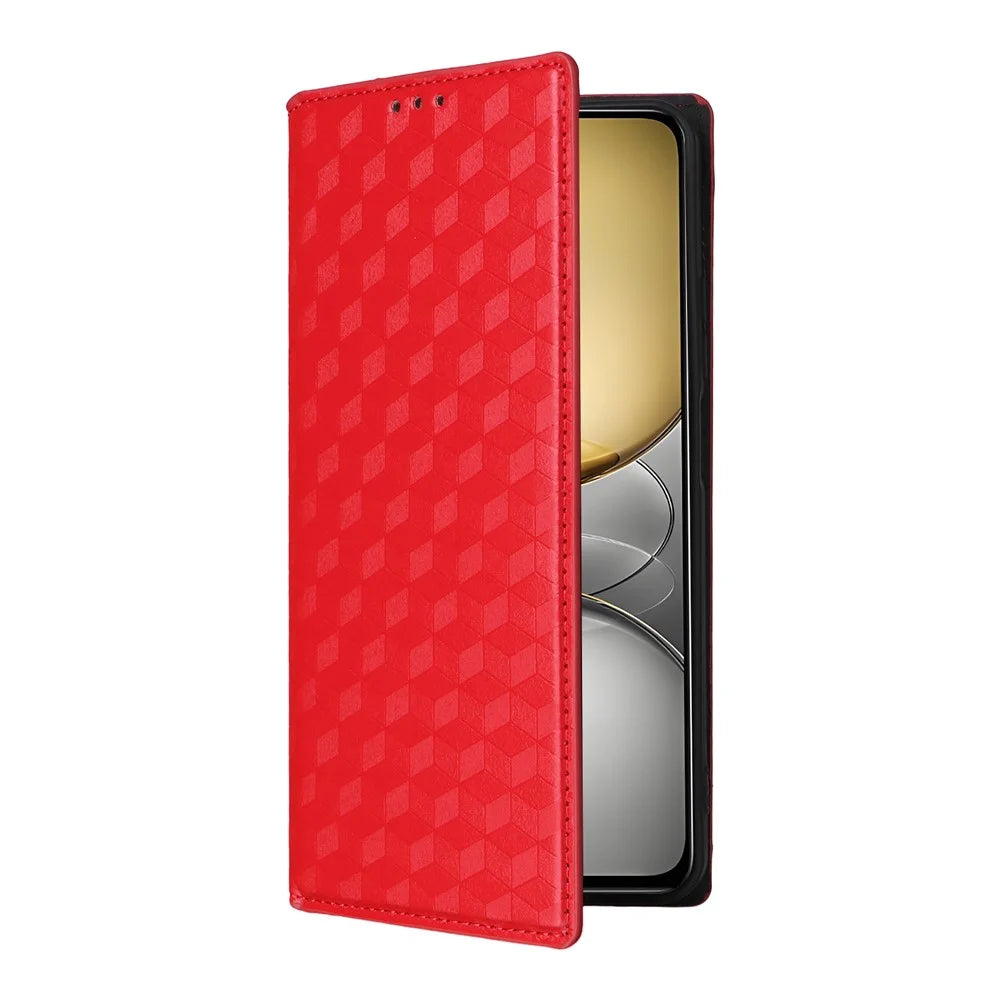 Leather Case For Realme 14x 5G / C75 4G / V60 Pro 5G Rhombus Imprinted Wallet Phone Cover - Red - 6