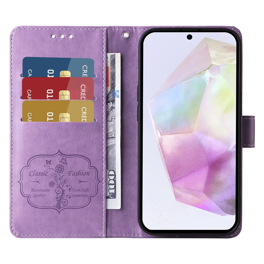 For Samsung Galaxy A56 5G Leather Case Butterfly Floral Imprint Wallet Stand Cover - Purple - 2