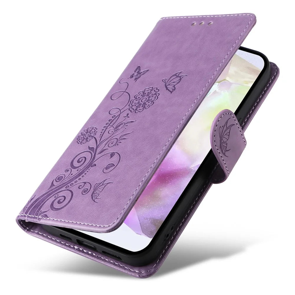 For Samsung Galaxy A56 5G Leather Case Butterfly Floral Imprint Wallet Stand Cover - Purple - 5