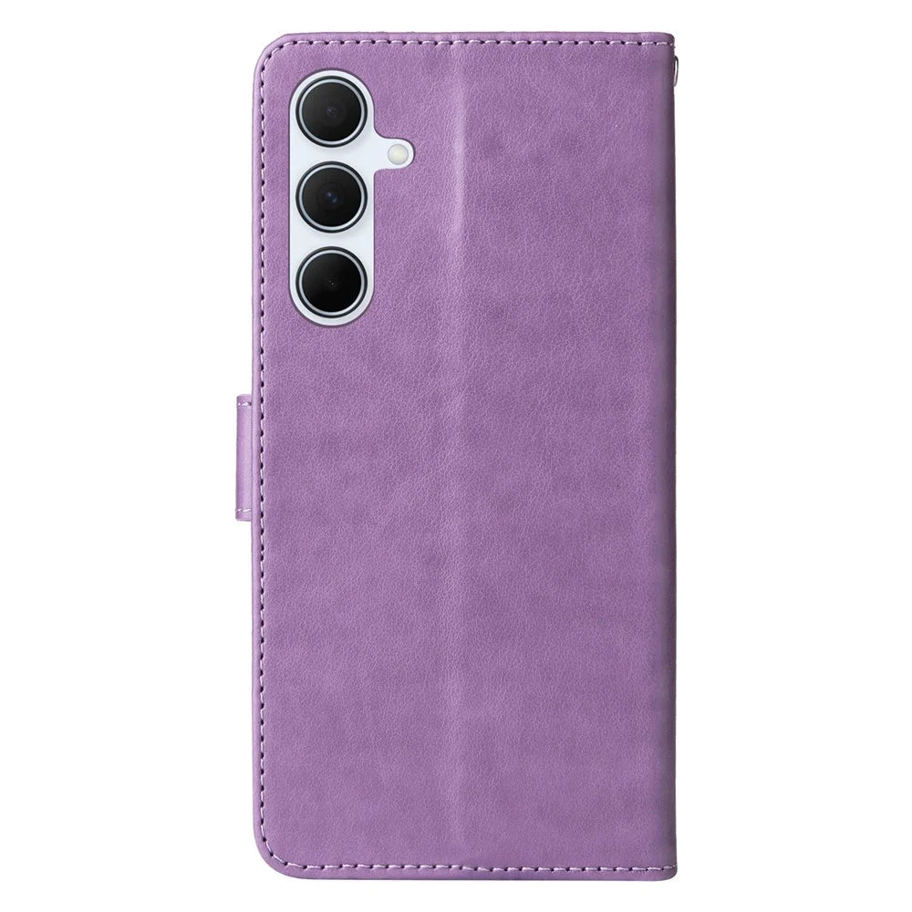 For Samsung Galaxy A56 5G Leather Case Butterfly Floral Imprint Wallet Stand Cover - Purple - 7