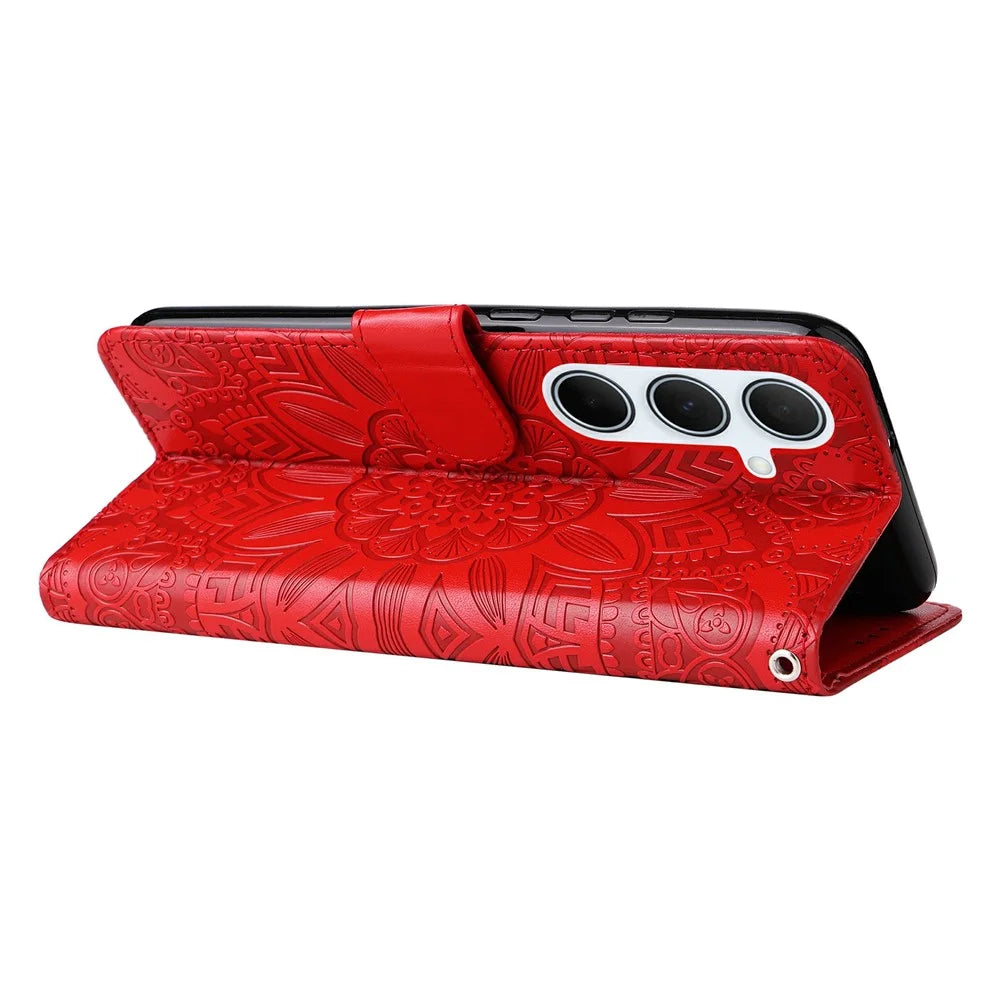 For Samsung Galaxy A36 5G Case Sunflower Imprint Leather Wallet Phone Cover - Red - 3