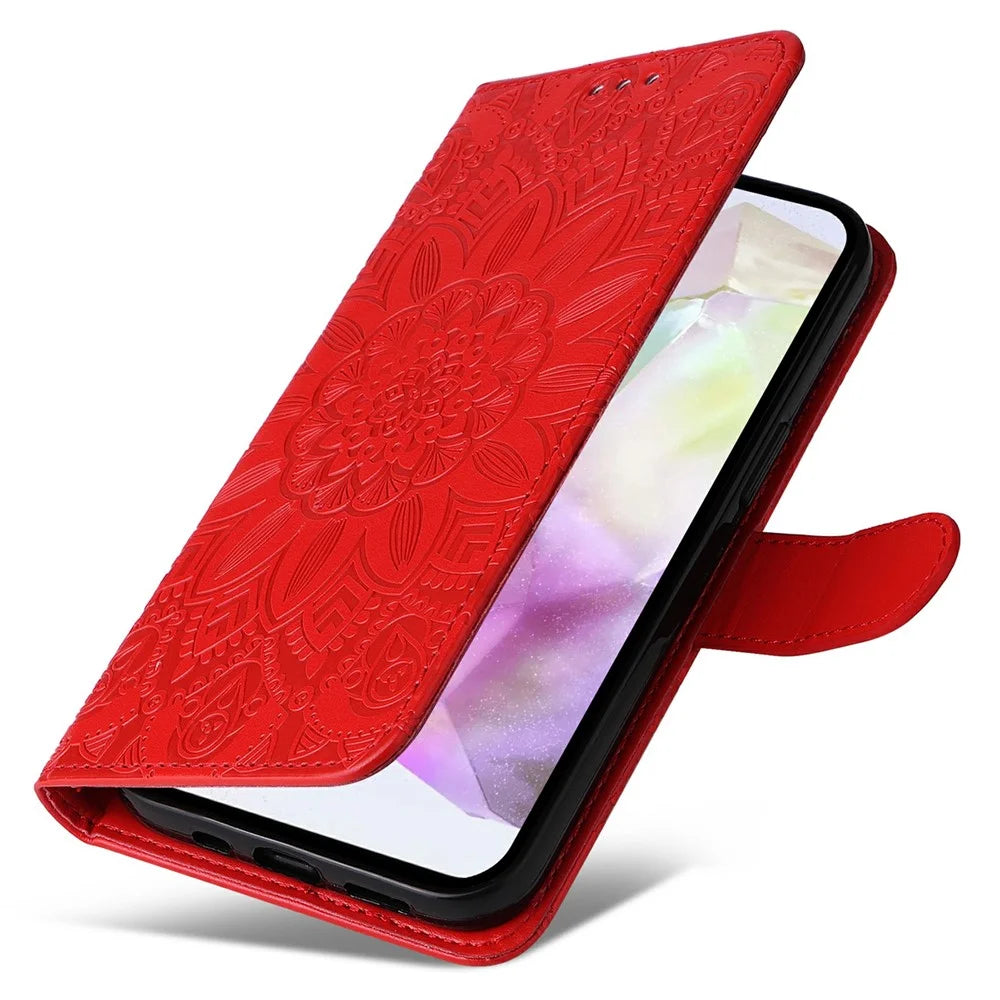 For Samsung Galaxy A36 5G Case Sunflower Imprint Leather Wallet Phone Cover - Red - 5