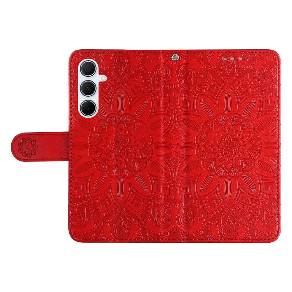 For Samsung Galaxy A36 5G Case Sunflower Imprint Leather Wallet Phone Cover - Red - 6