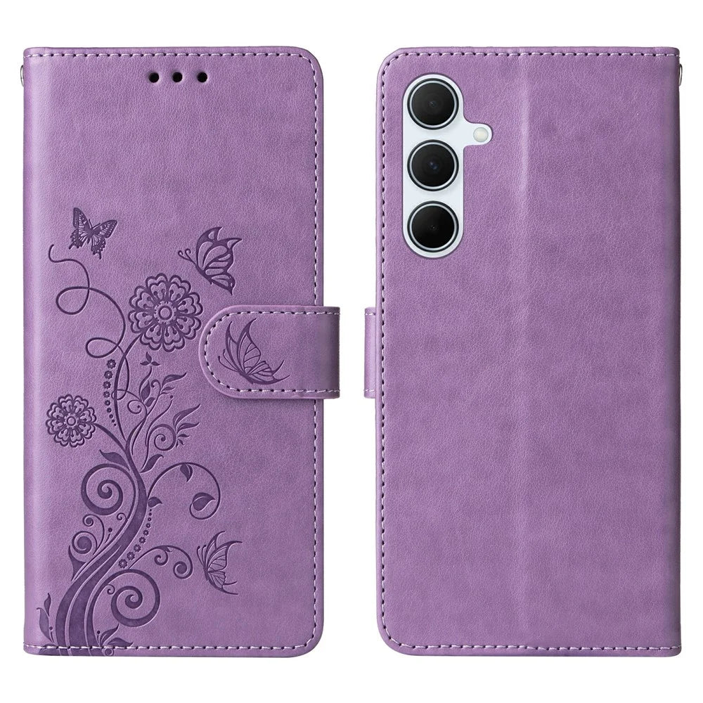 For Samsung Galaxy A36 5G Leather Case Butterfly Floral Imprint Wallet Stand Cover - Purple - 1