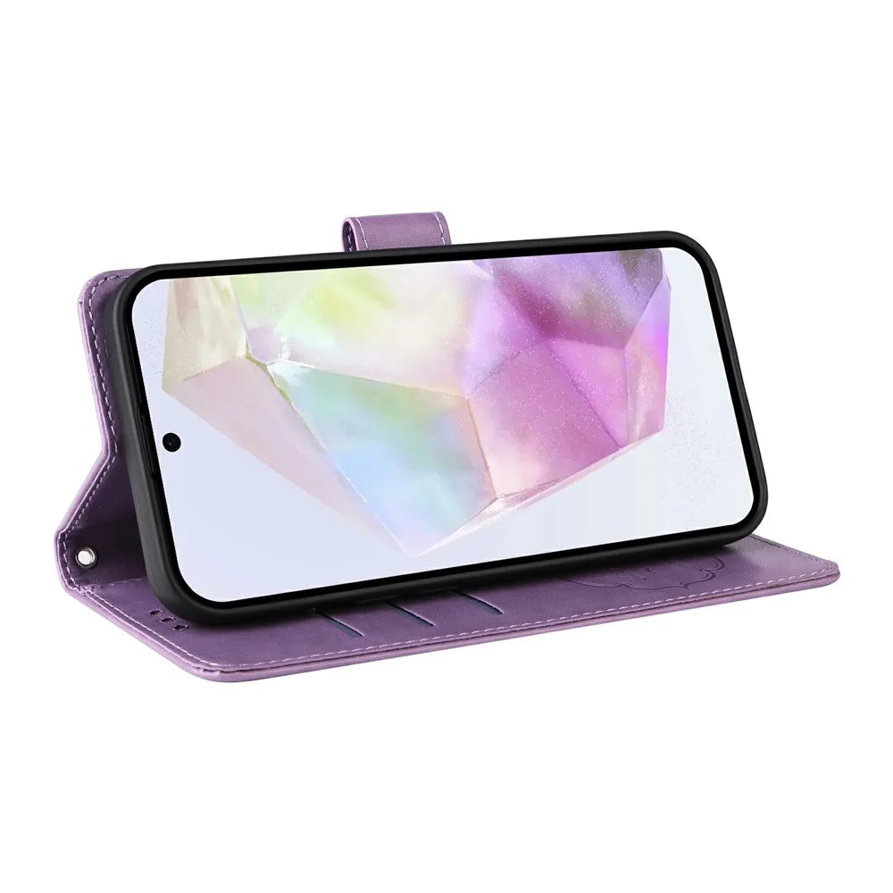 For Samsung Galaxy A36 5G Leather Case Butterfly Floral Imprint Wallet Stand Cover - Purple - 3