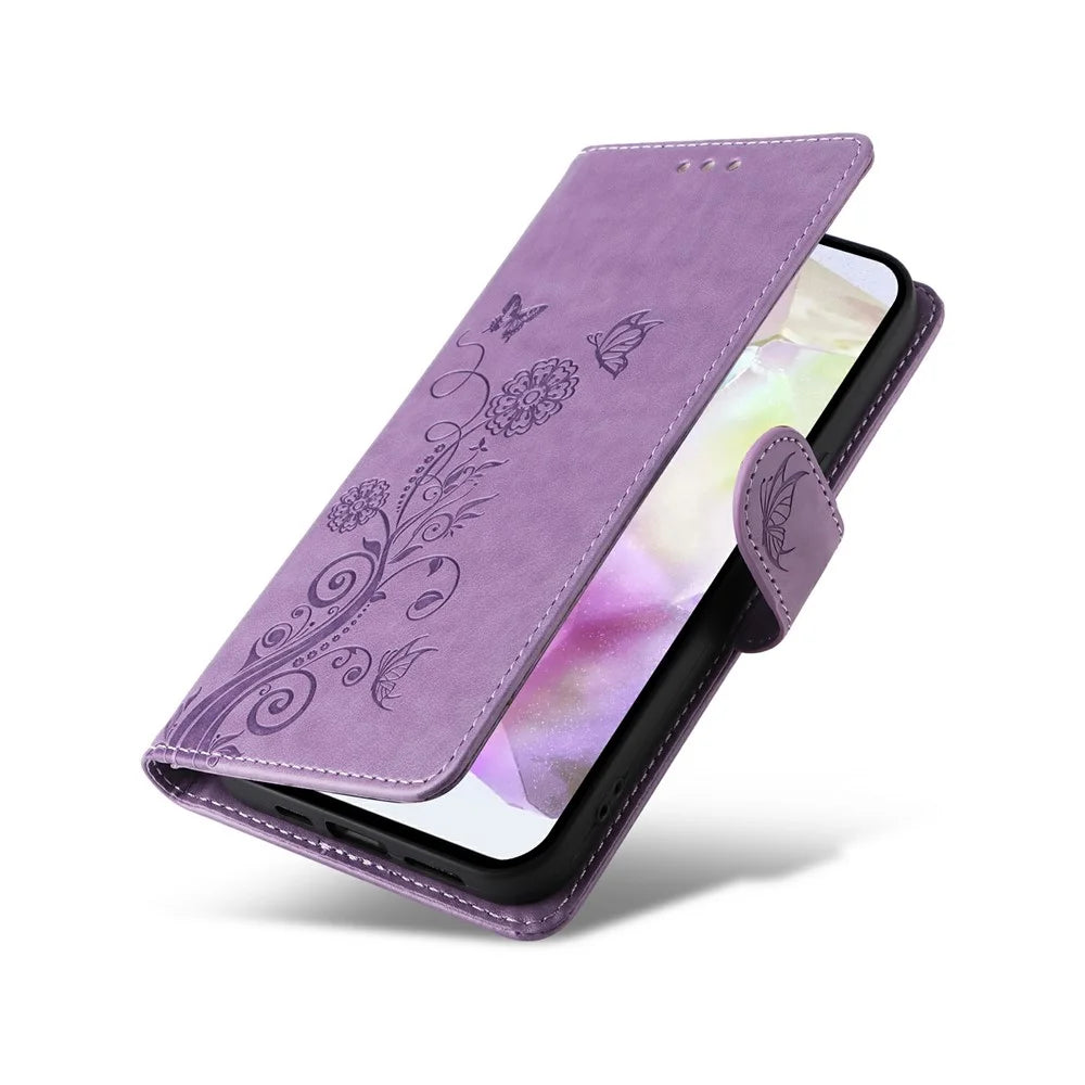 For Samsung Galaxy A36 5G Leather Case Butterfly Floral Imprint Wallet Stand Cover - Purple - 5