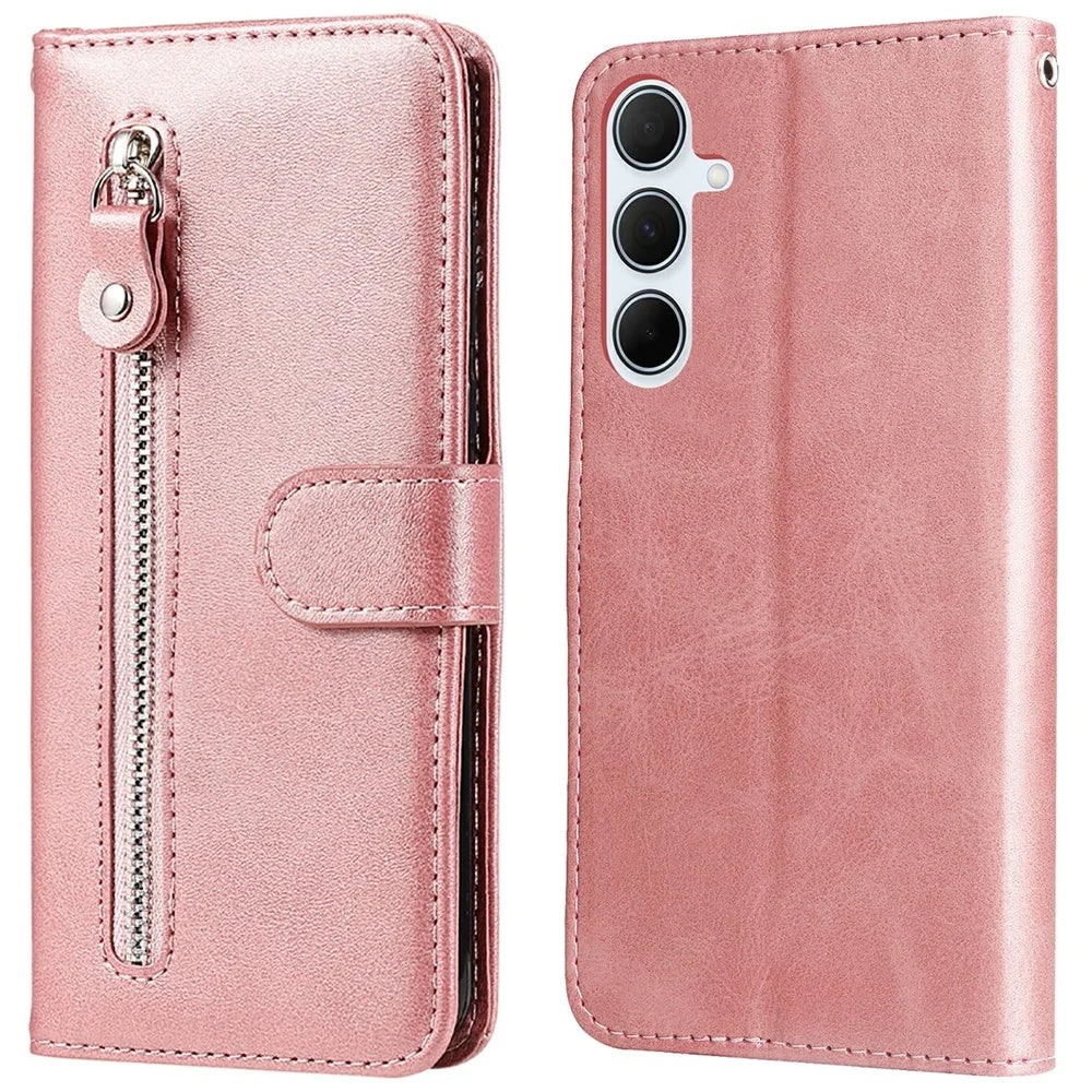 For Samsung Galaxy A36 5G Case Zipper Wallet Calf Texture PU Leather Phone Cover - Pink - 1