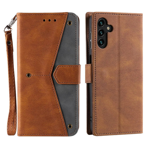 For Samsung Galaxy A26 5G Leather Case Splicing Stitching Wallet Phone Cover with Wrist Strap - Brown - 1