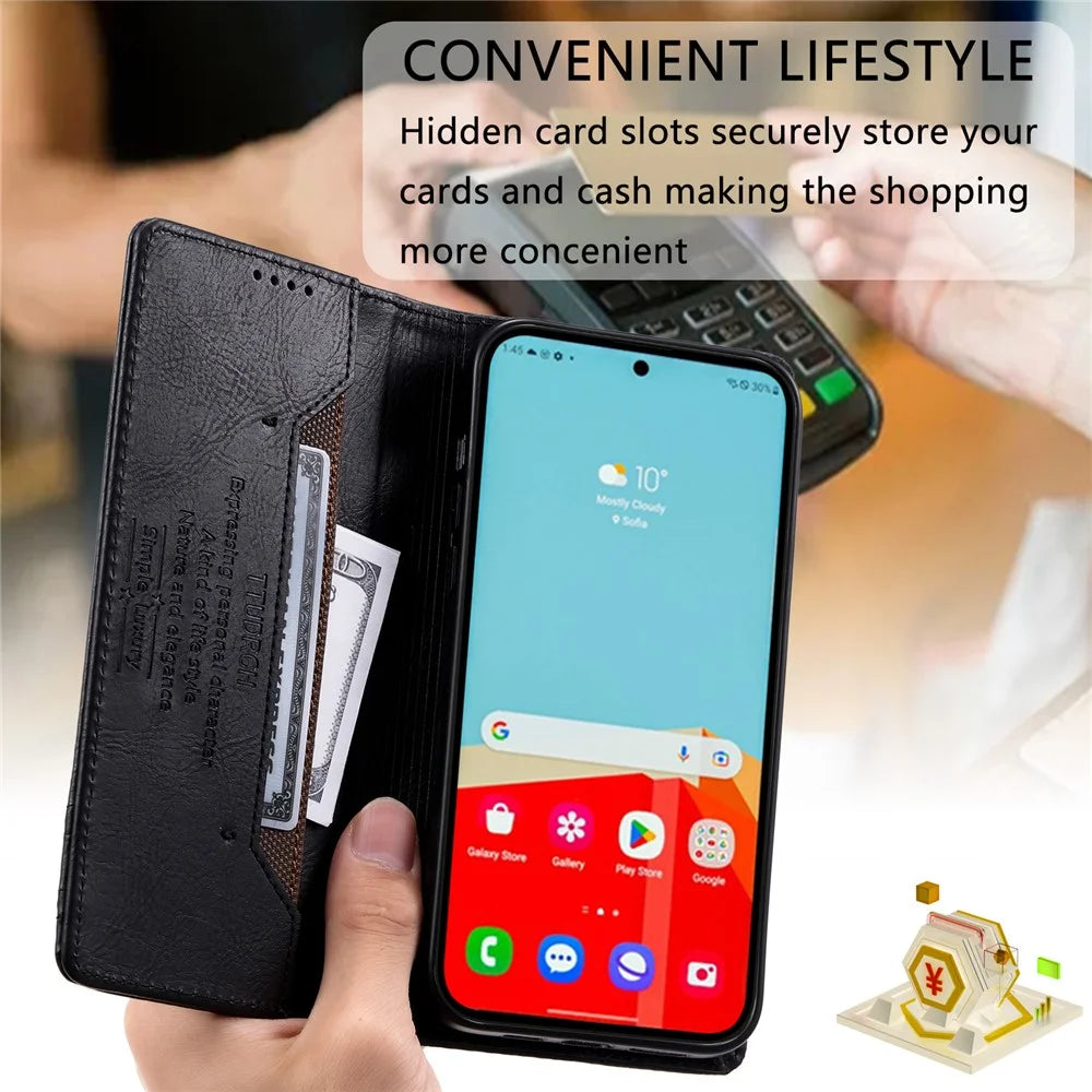 TTUDRCH Style 007 For Samsung Galaxy A26 5G Leather Case RFID Blocking Wallet Stand Phone Cover - Black - 6