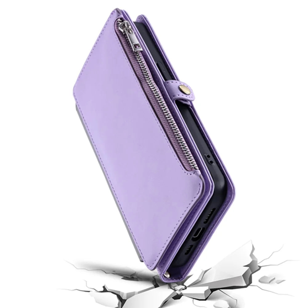 For Samsung Galaxy A26 5G Case TPU + PU Leather Wallet Phone Cover with Wrist Strap - Purple - 6