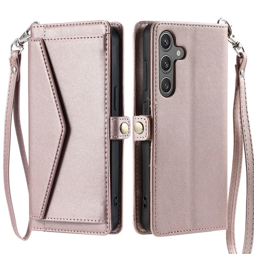 For Samsung Galaxy A26 5G Leather Case with Wrist Strap Wallet Stand Phone Cover - Rose Gold - 1