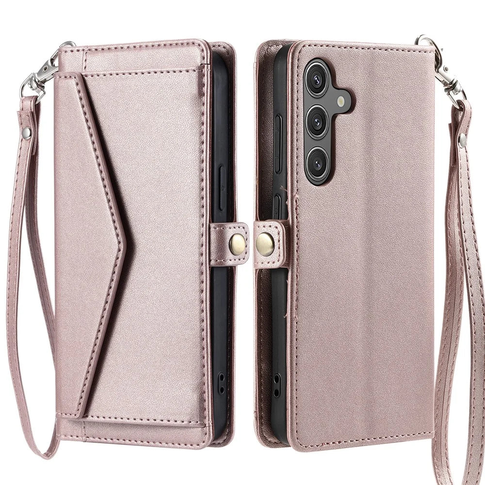 For Samsung Galaxy A26 5G Leather Case with Wrist Strap Wallet Stand Phone Cover - Rose Gold - 1