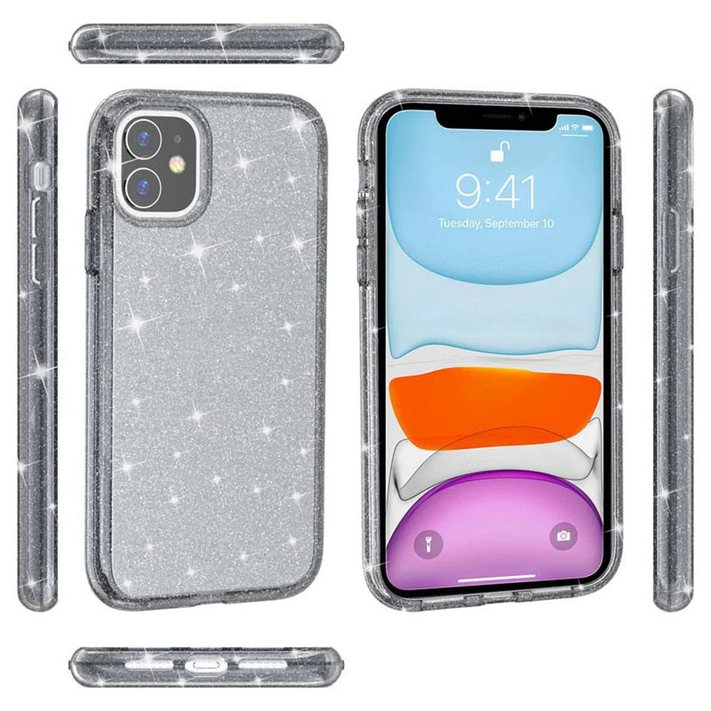For iPhone 11 Case Anti-Scratch PC + TPU Sparkly Glitter Phone Cover - Black - 4