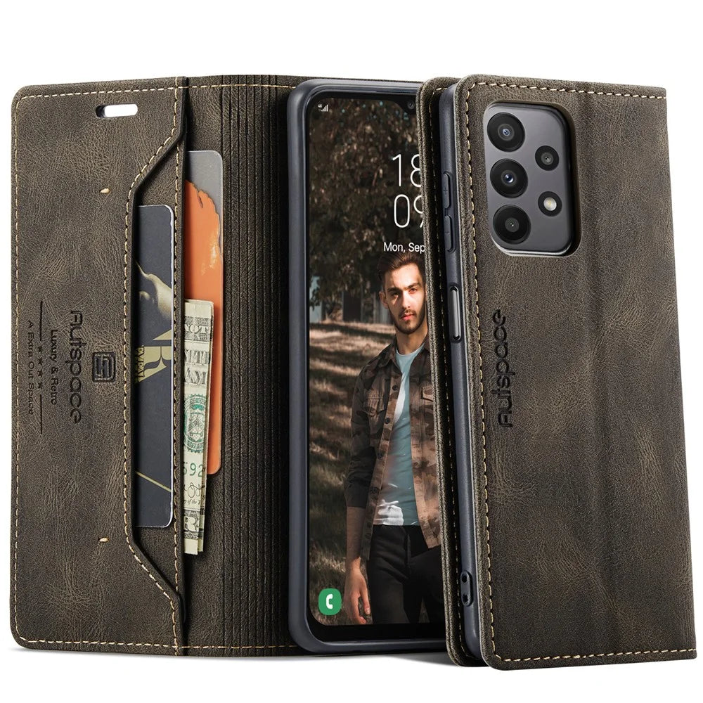 AUTSPACE For Samsung Galaxy M23 5G / Galaxy A23 5G (Global Version) Wallet Case  A01 Leather Stand Cover with RFID Blocking Card Holder - Coffee - 1