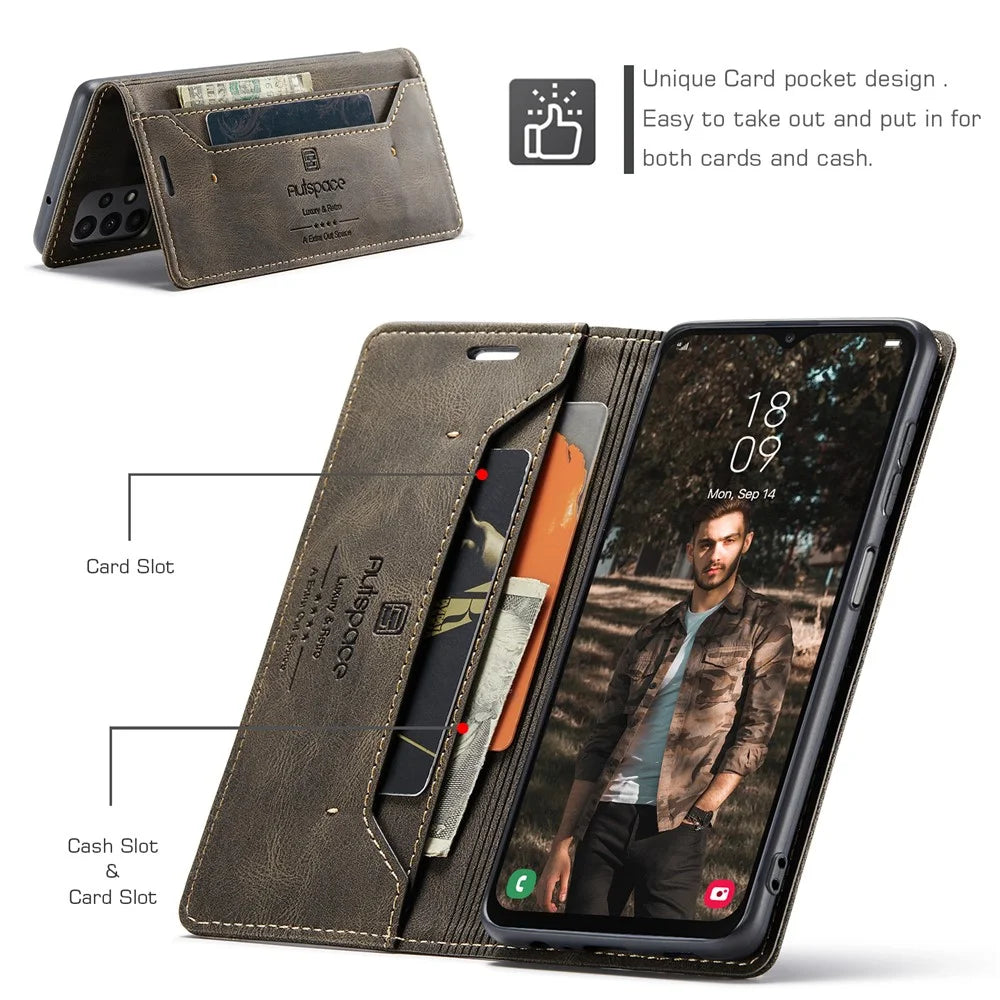 AUTSPACE For Samsung Galaxy M23 5G / Galaxy A23 5G (Global Version) Wallet Case  A01 Leather Stand Cover with RFID Blocking Card Holder - Coffee - 5