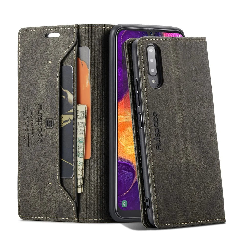 AUTSPACE For Samsung Galaxy A50s / Galaxy A30s / Galaxy A50 Wallet Case  A01 Leather Stand Cover with RFID Blocking Card Holder - Coffee - 1