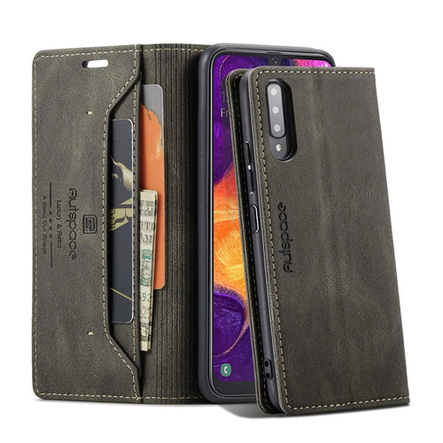 AUTSPACE For Samsung Galaxy A50s / Galaxy A30s / Galaxy A50 Wallet Case  A01 Leather Stand Cover with RFID Blocking Card Holder - Coffee - 1