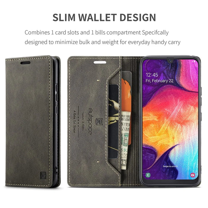 AUTSPACE For Samsung Galaxy A50s / Galaxy A30s / Galaxy A50 Wallet Case  A01 Leather Stand Cover with RFID Blocking Card Holder - Coffee - 5