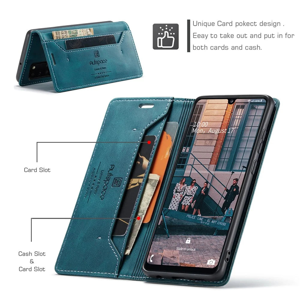 AUTSPACE For Samsung Galaxy A31 Wallet Case  A01 Leather Stand Cover with RFID Blocking Card Holder - Blue - 5