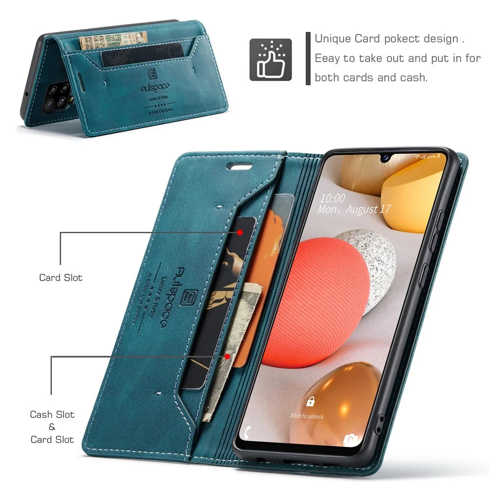 AUTSPACE For Samsung Galaxy M42 5G / Galaxy A42 5G Wallet Case  A01 Leather Stand Cover with RFID Blocking Card Holder - Blue - 5