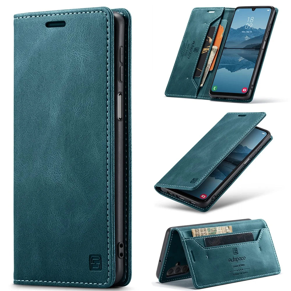 AUTSPACE For Samsung Galaxy A24 4G (162.1 x 77.6 x 8.3mm) Wallet Case  A01 Leather Stand Cover with RFID Blocking Card Holder - Blue - 1