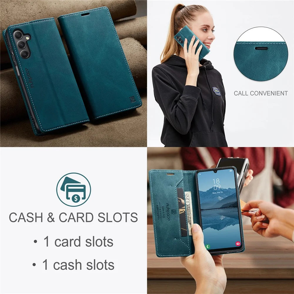 AUTSPACE For Samsung Galaxy A24 4G (162.1 x 77.6 x 8.3mm) Wallet Case  A01 Leather Stand Cover with RFID Blocking Card Holder - Blue - 5