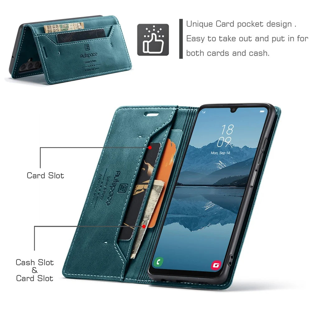 AUTSPACE For Samsung Galaxy A24 4G (162.1 x 77.6 x 8.3mm) Wallet Case  A01 Leather Stand Cover with RFID Blocking Card Holder - Blue - 6