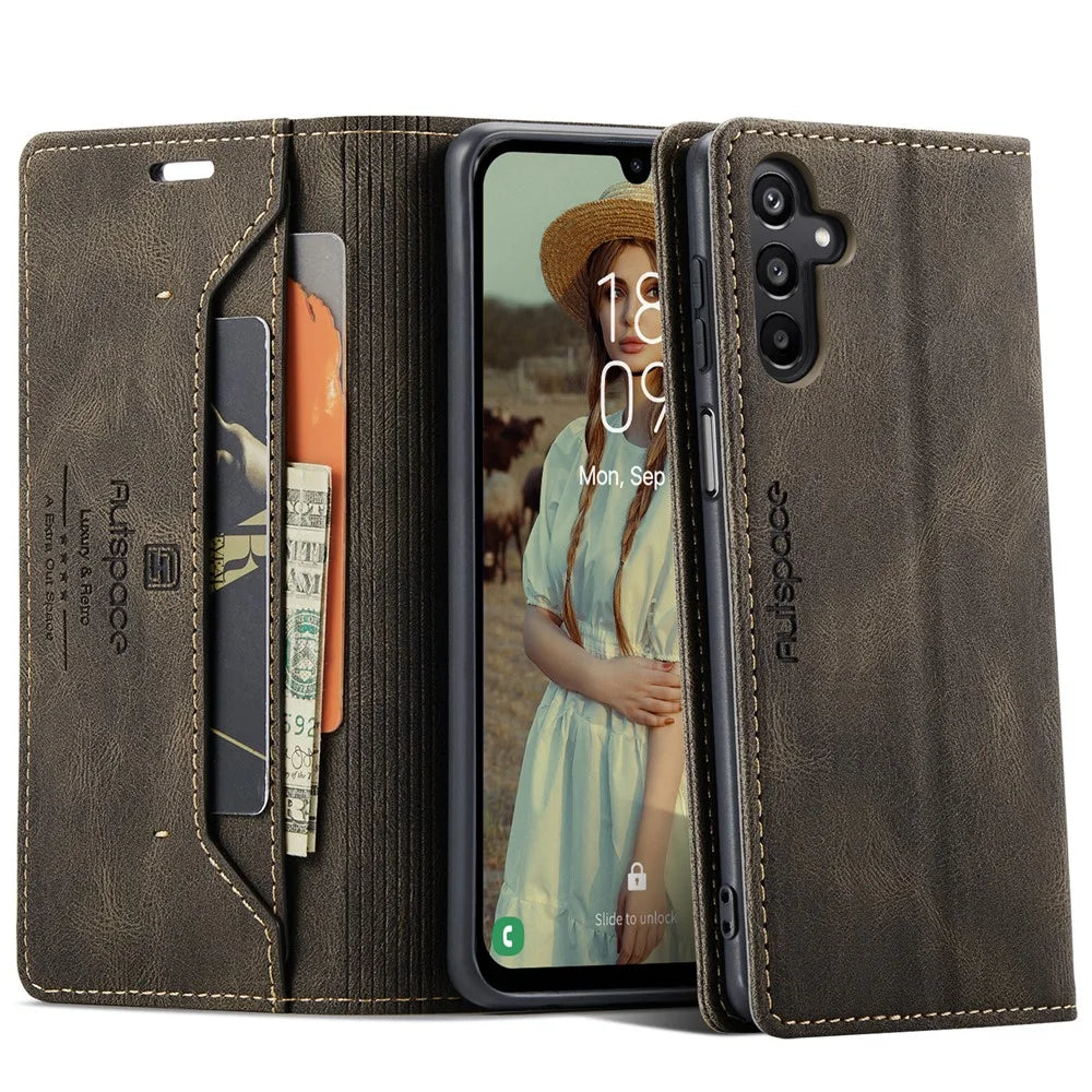 AUTSPACE For Samsung Galaxy A15 5G / Galaxy A15 4G Wallet Case  A01 Leather Stand Cover with RFID Blocking Card Holder - Coffee - 1