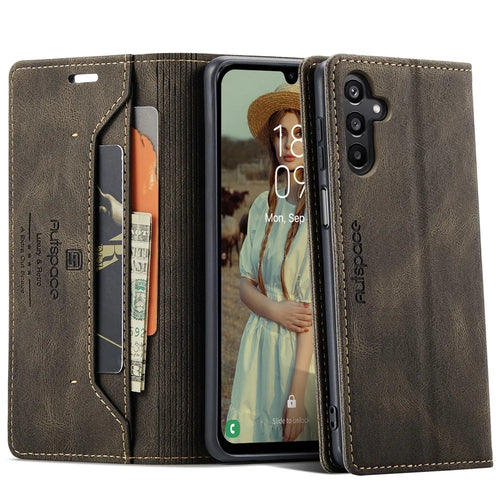 AUTSPACE For Samsung Galaxy A15 5G / Galaxy A15 4G Wallet Case  A01 Leather Stand Cover with RFID Blocking Card Holder - Coffee - 1