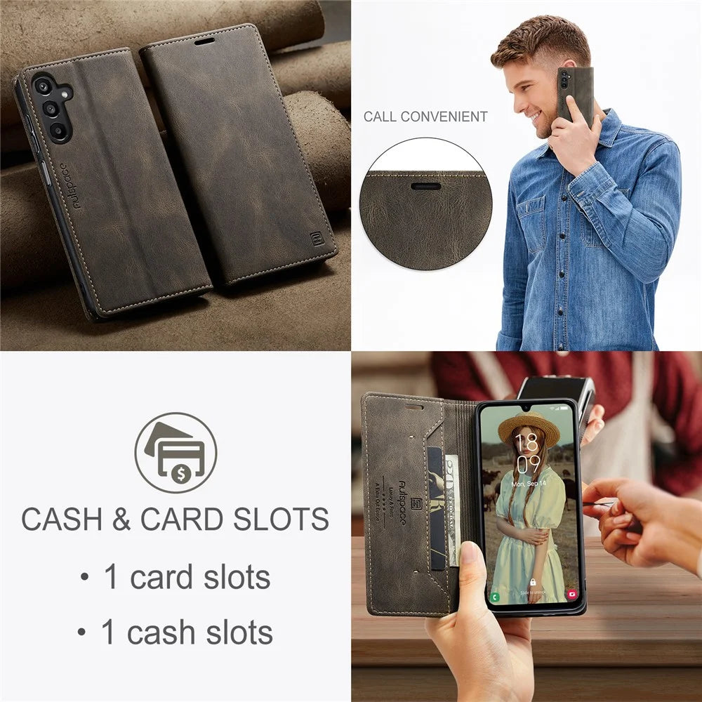 AUTSPACE For Samsung Galaxy A15 5G / Galaxy A15 4G Wallet Case  A01 Leather Stand Cover with RFID Blocking Card Holder - Coffee - 5
